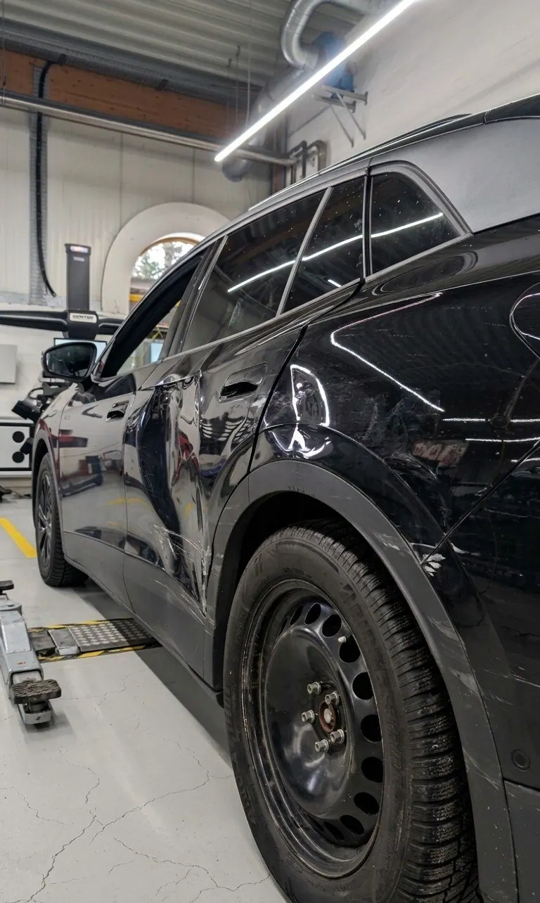 Schwarzes Auto in Werkstatt mit offener Tür
